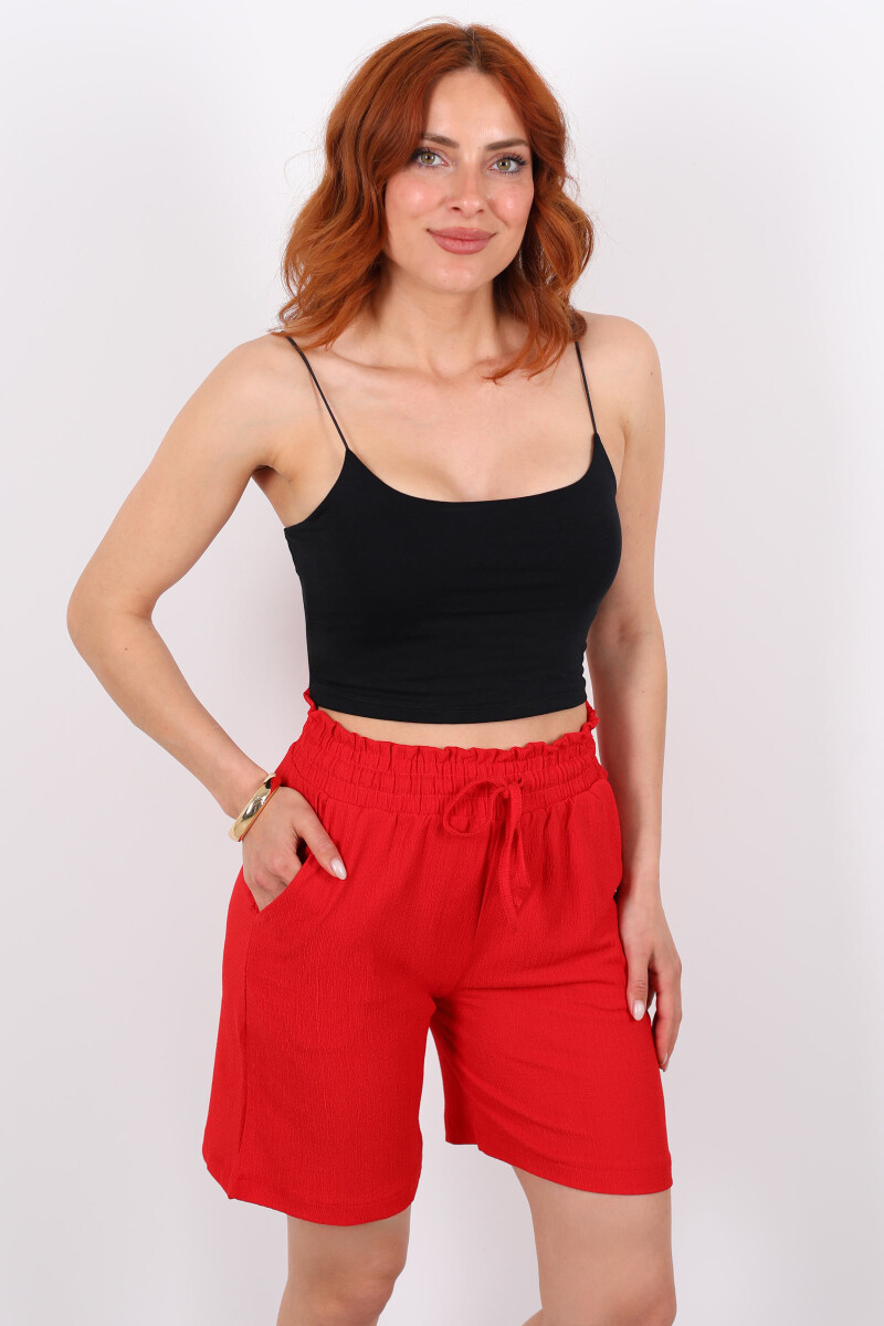 Beli Bağlamalı Yüksek Bel Kırmızı Kadın Krep Şort - 3
