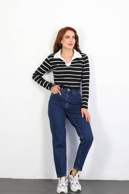 Yüksek Bel Kadın Koyu Buz Mom Jean - 1