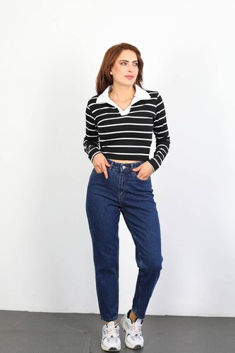 Yüksek Bel Kadın Koyu Buz Mom Jean - 3