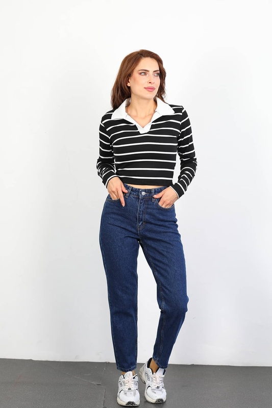 Yüksek Bel Kadın Koyu Buz Mom Jean - 3