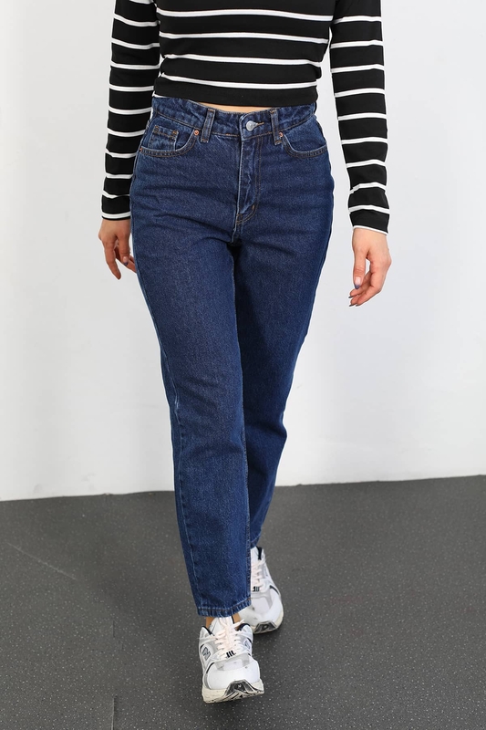 Yüksek Bel Kadın Koyu Buz Mom Jean - 4