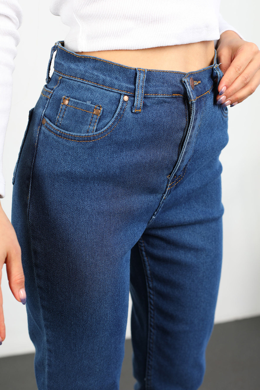 Yüksek Bel Likralı Kadın Koyu Buz Mom Jean Pantolon - 3