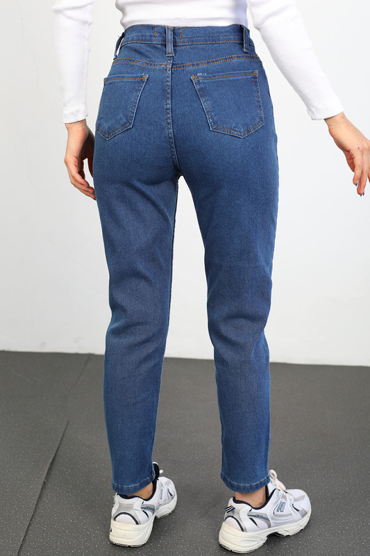 Yüksek Bel Likralı Kadın Koyu Buz Mom Jean Pantolon - 6