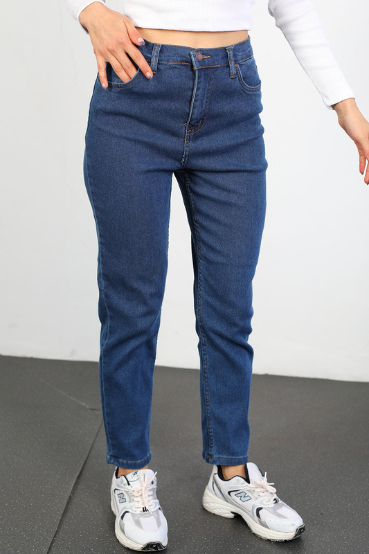 Yüksek Bel Likralı Kadın Koyu Buz Mom Jean Pantolon - 2