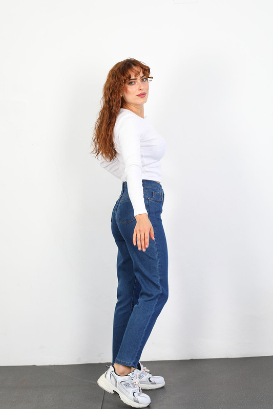 Yüksek Bel Likralı Kadın Koyu Buz Mom Jean Pantolon - 5