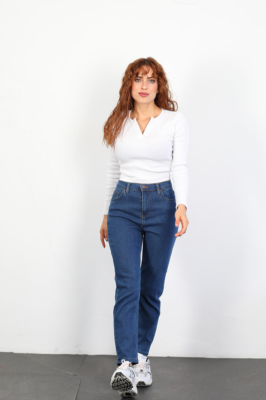 Yüksek Bel Likralı Kadın Koyu Buz Mom Jean Pantolon - 4