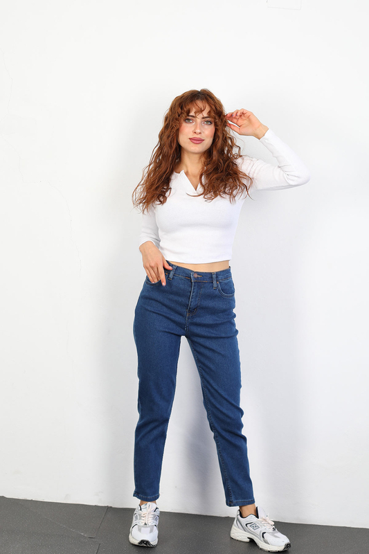Yüksek Bel Likralı Kadın Koyu Buz Mom Jean Pantolon - 1