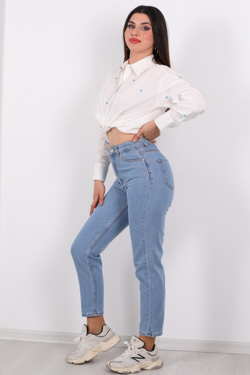 Yüksek Bel Mom Açık Mavi Kadın Kot Pantolon - 3