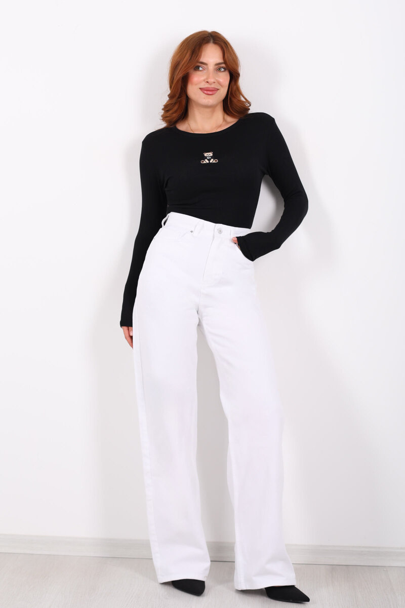 Yüksek Bel Straight Beyaz Kadın Boru Paça Kot Pantolon - 3