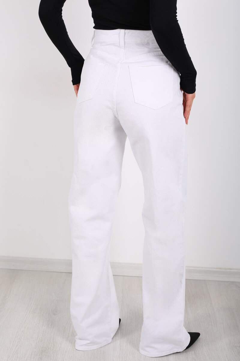 Yüksek Bel Straight Beyaz Kadın Boru Paça Kot Pantolon - 5