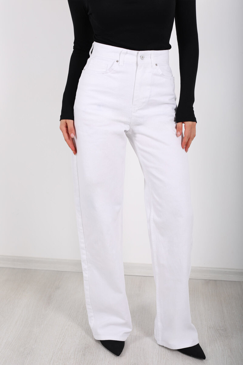 Yüksek Bel Straight Beyaz Kadın Boru Paça Kot Pantolon - 2