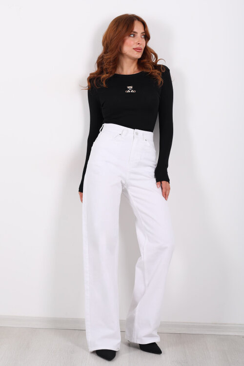 Yüksek Bel Straight Beyaz Kadın Boru Paça Kot Pantolon - 4