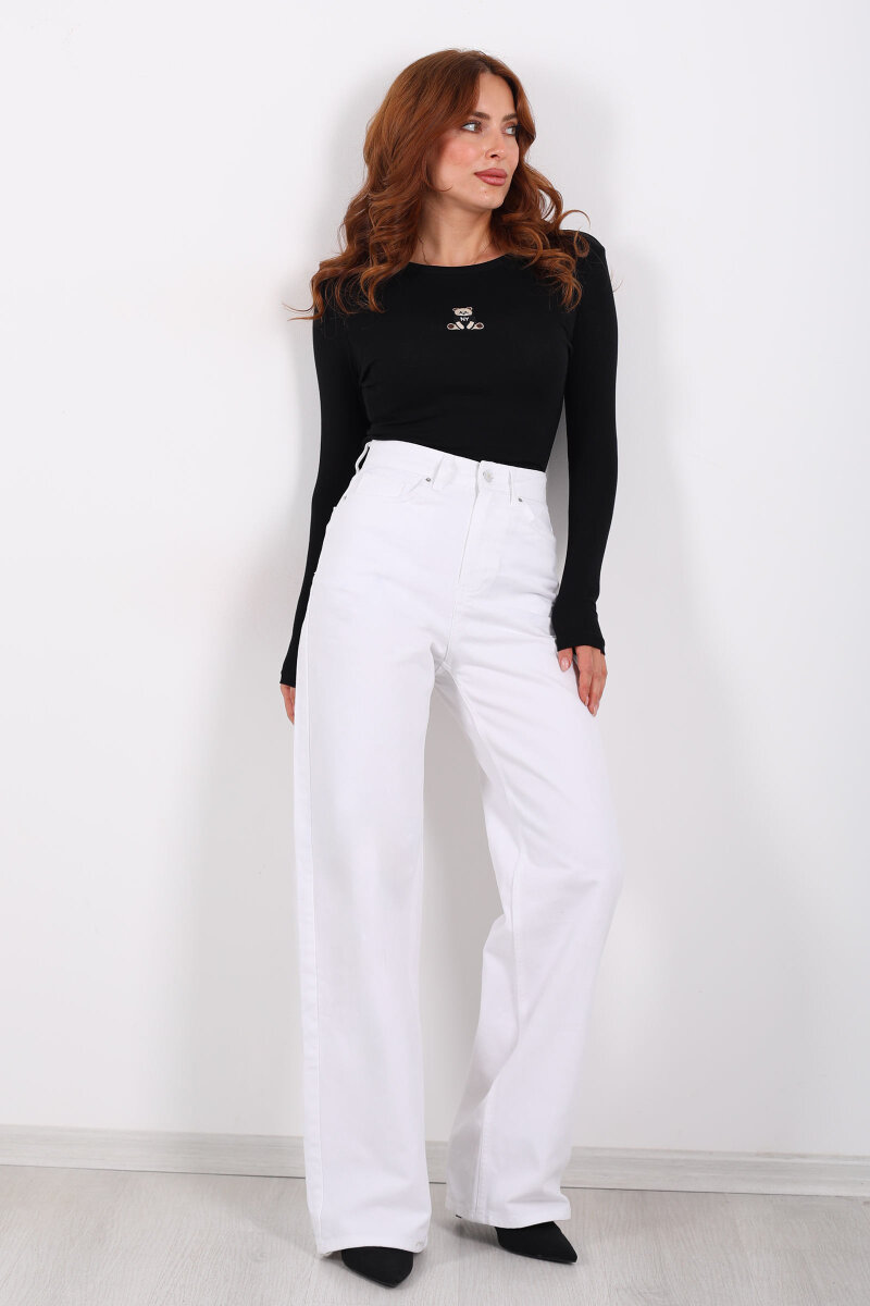 Yüksek Bel Straight Beyaz Kadın Boru Paça Kot Pantolon - 4