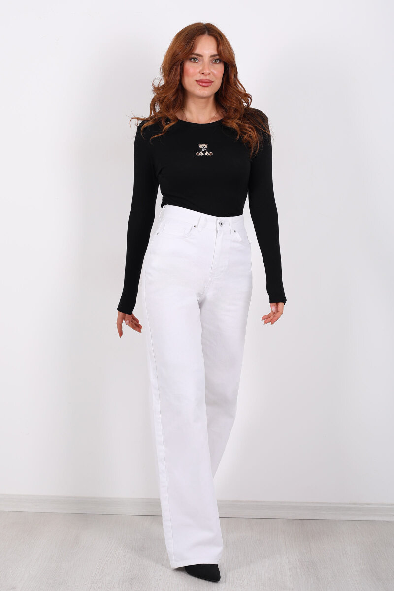 Yüksek Bel Straight Beyaz Kadın Boru Paça Kot Pantolon - 6