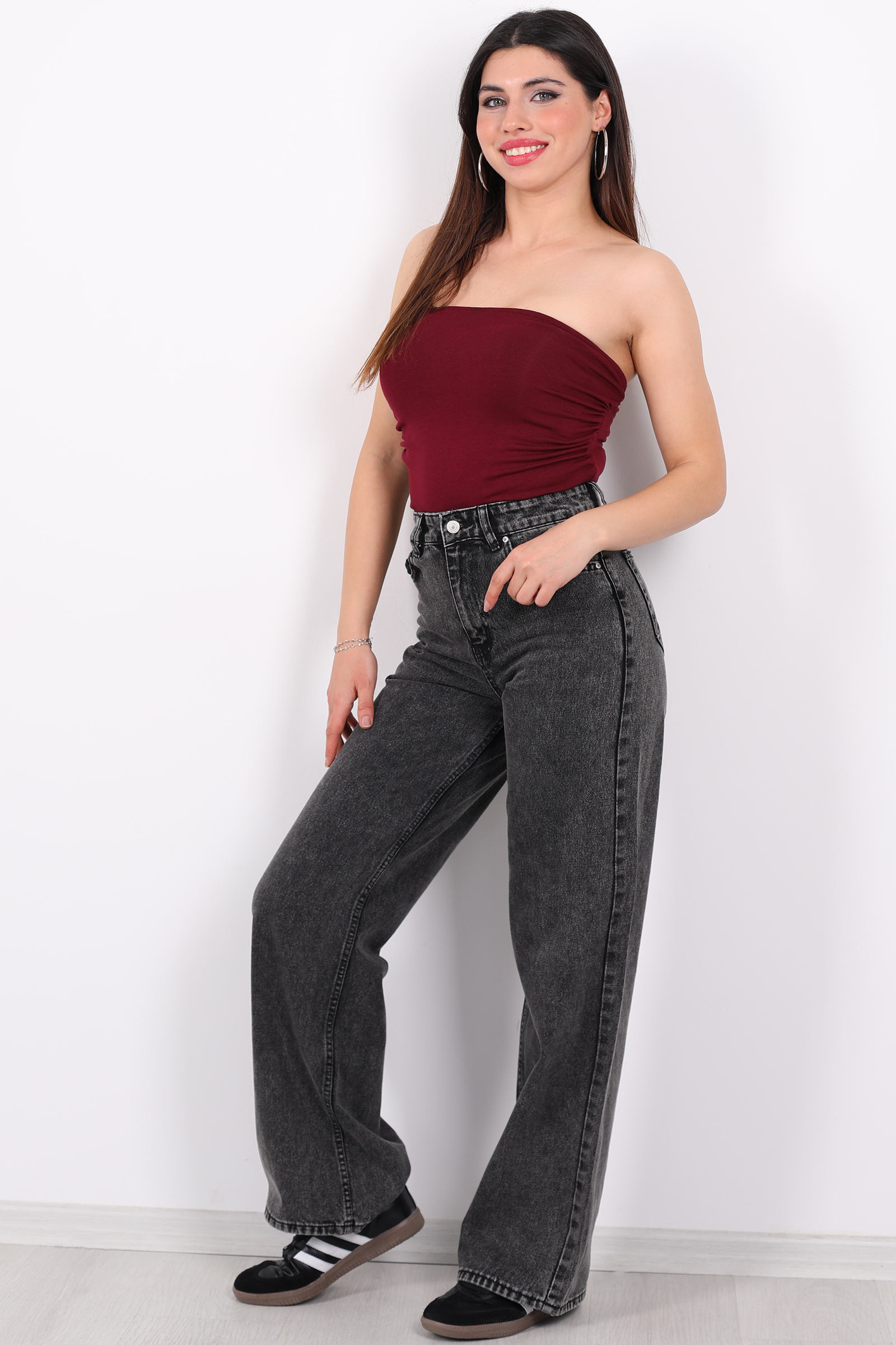 Yüksek Bel Straight Füme Kadın Boru Paça Kot Pantolon