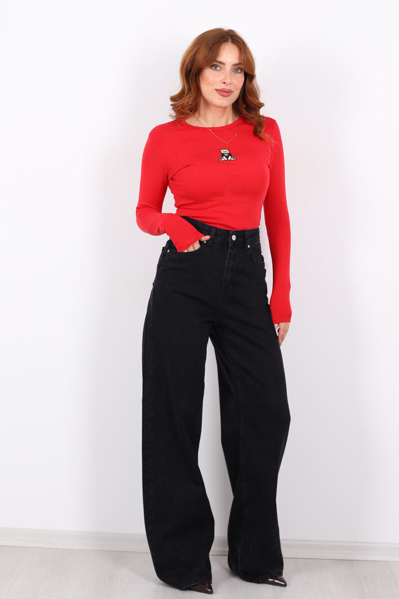 Yüksek Bel Straight Füme Kadın Boru Paça Kot Pantolon - 1