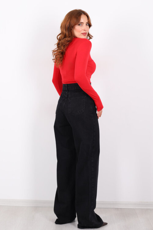 Yüksek Bel Straight Füme Kadın Boru Paça Kot Pantolon - 5