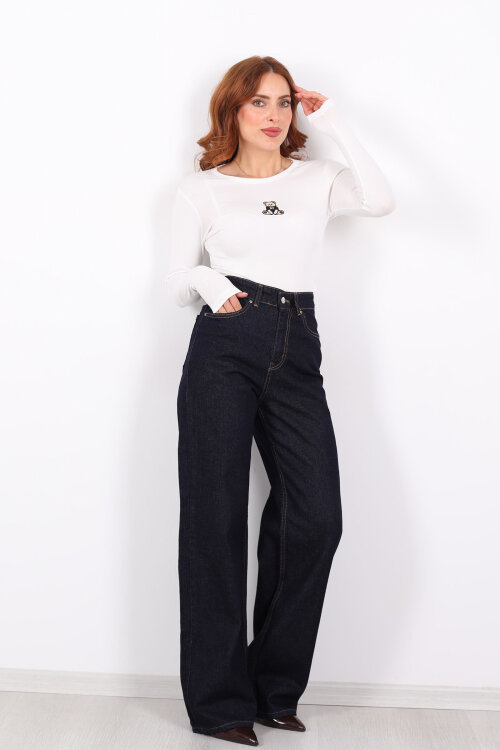 Yüksek Bel Straight Raw Yıkama Kadın Boru Paça Kot Pantolon - 3