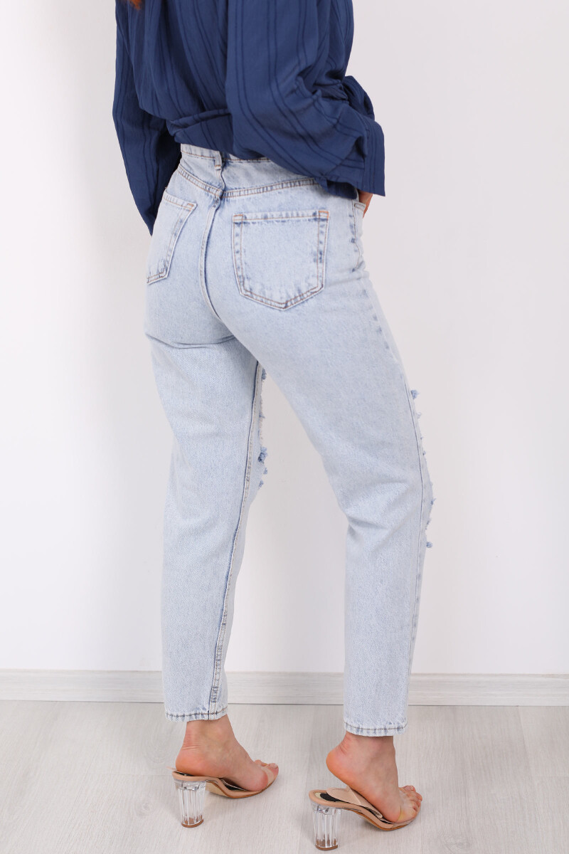 Yüksek Bel Yırtık Kar Yıkama Kadın Mom Jean - 5