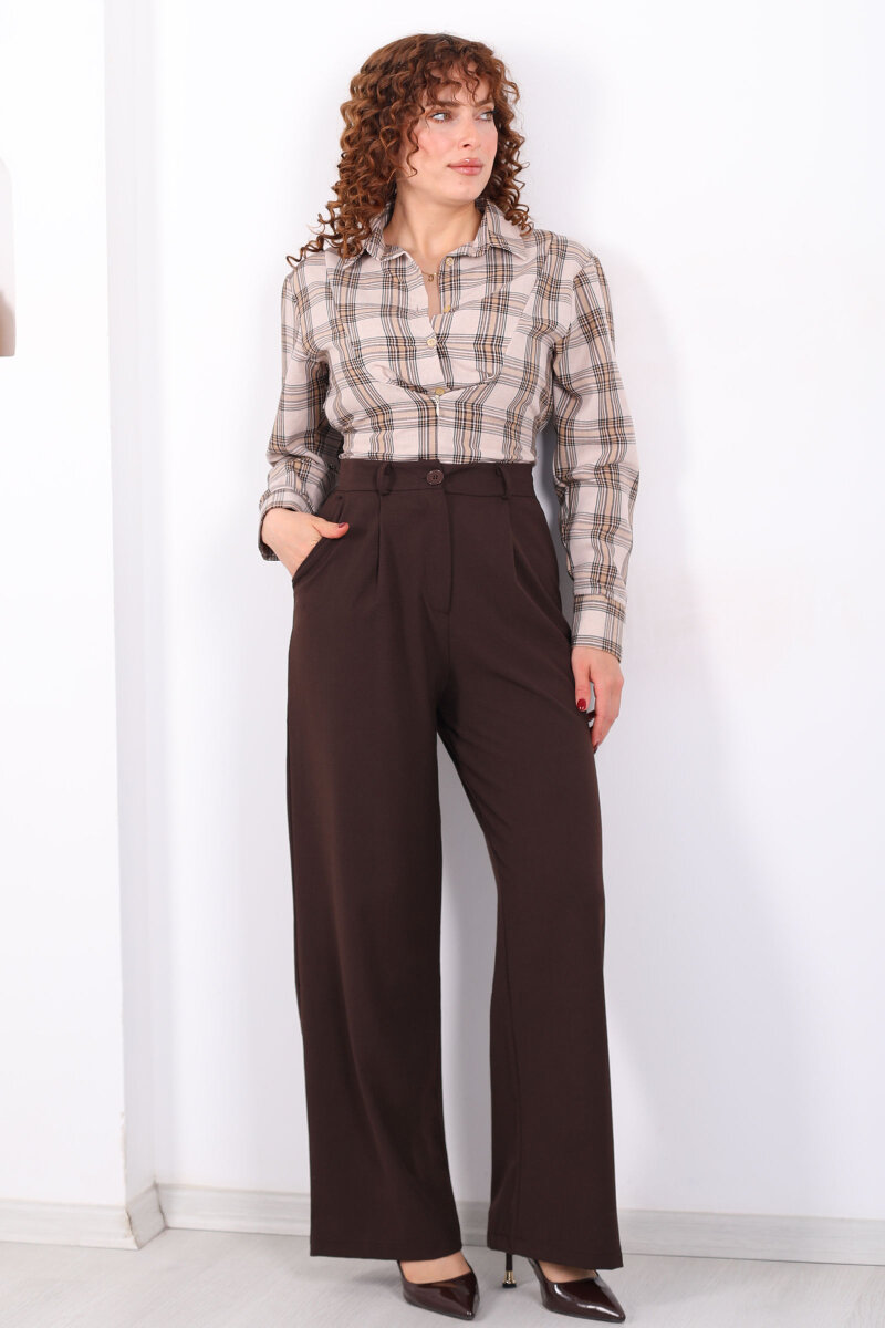 Yüksel Bel Pileli Cepli Kadın Acı Kahve Palazzo Pantolon - 2