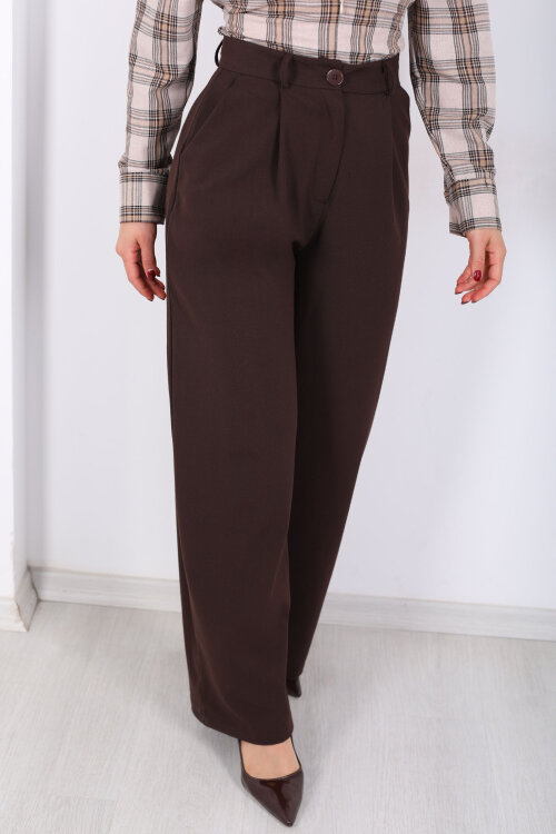 Yüksel Bel Pileli Cepli Kadın Acı Kahve Palazzo Pantolon - 3