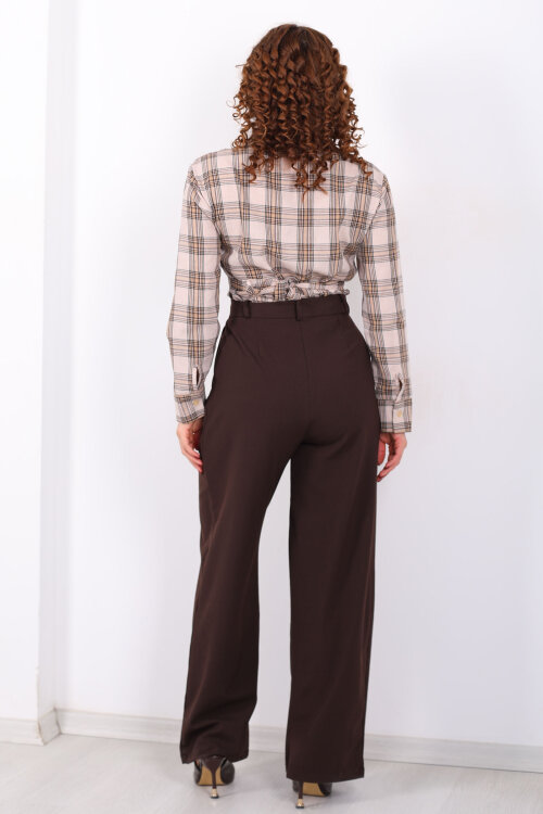 Yüksel Bel Pileli Cepli Kadın Acı Kahve Palazzo Pantolon - 4