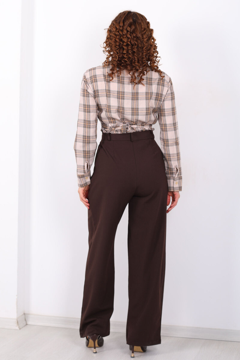 Yüksel Bel Pileli Cepli Kadın Acı Kahve Palazzo Pantolon - 4