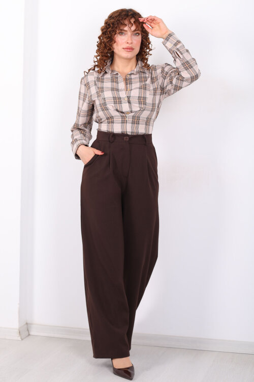 Yüksel Bel Pileli Cepli Kadın Acı Kahve Palazzo Pantolon - 5