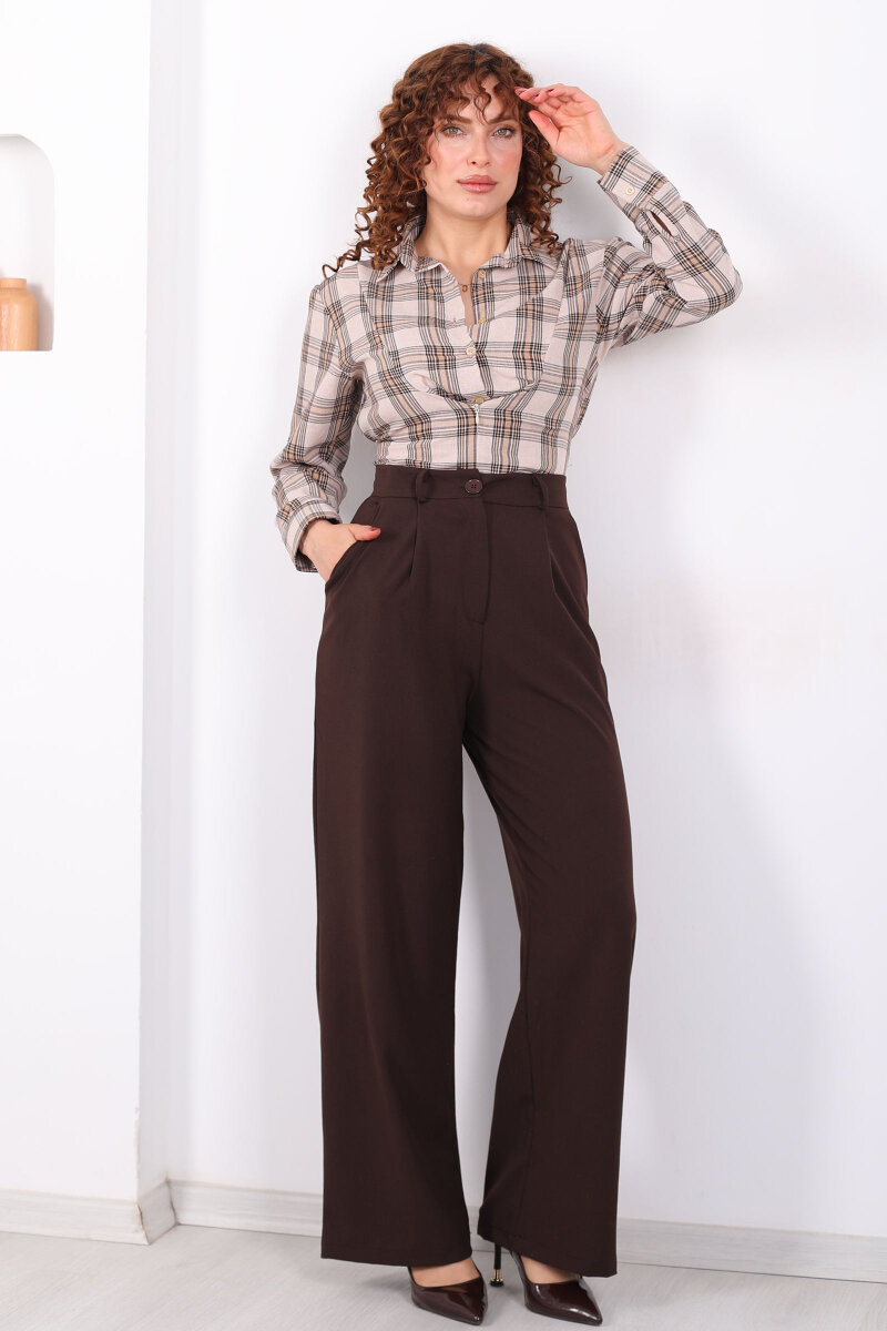 Yüksel Bel Pileli Cepli Kadın Acı Kahve Palazzo Pantolon - 1