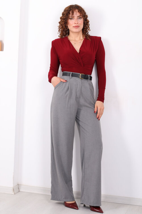 Yüksel Bel Pileli Cepli Kadın Gri Palazzo Pantolon 
