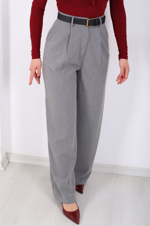 Yüksel Bel Pileli Cepli Kadın Gri Palazzo Pantolon - 2