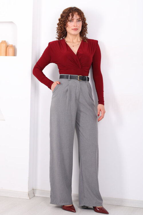 Yüksel Bel Pileli Cepli Kadın Gri Palazzo Pantolon - 6