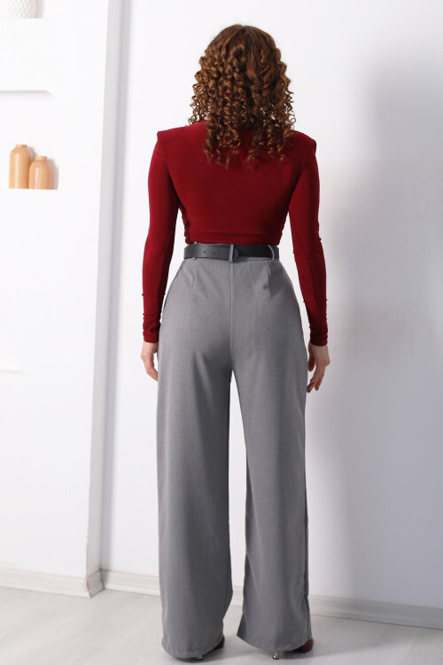 Yüksel Bel Pileli Cepli Kadın Gri Palazzo Pantolon - 5