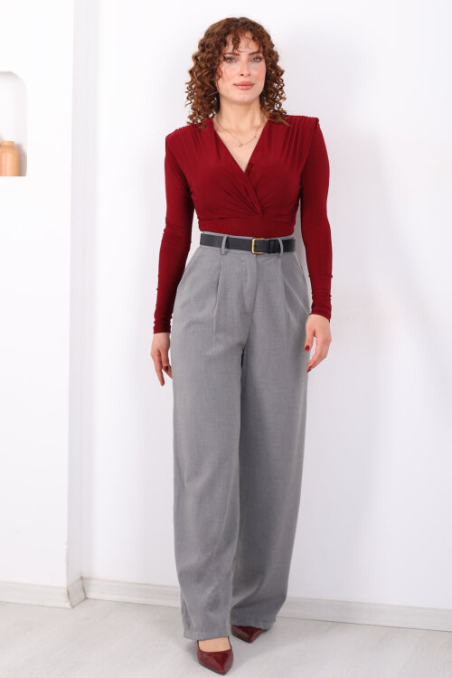 Yüksel Bel Pileli Cepli Kadın Gri Palazzo Pantolon - 3