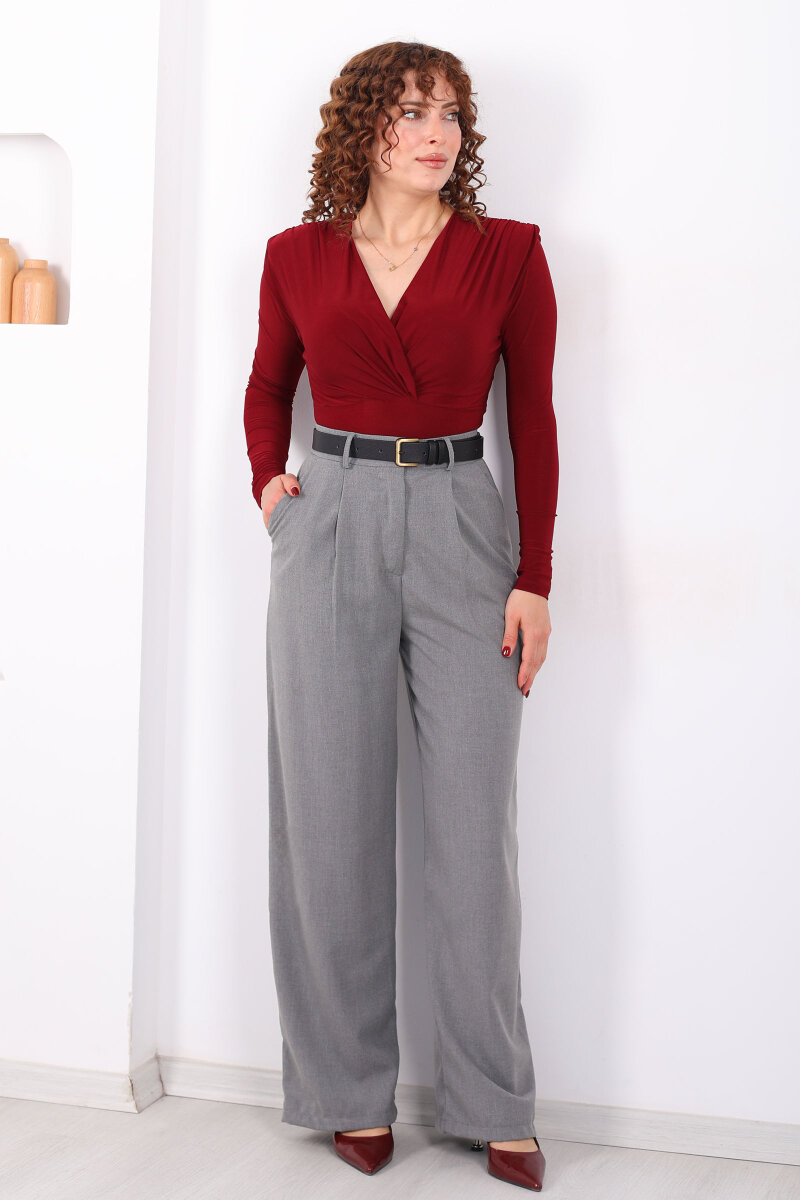 Yüksel Bel Pileli Cepli Kadın Gri Palazzo Pantolon - 4