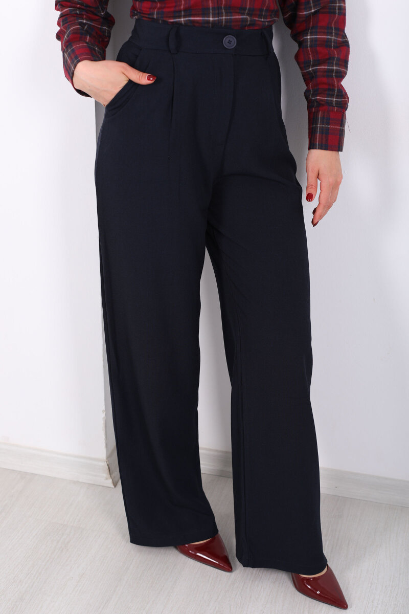 Yüksel Bel Pileli Cepli Kadın Lacivert Palazzo Pantolon - 2