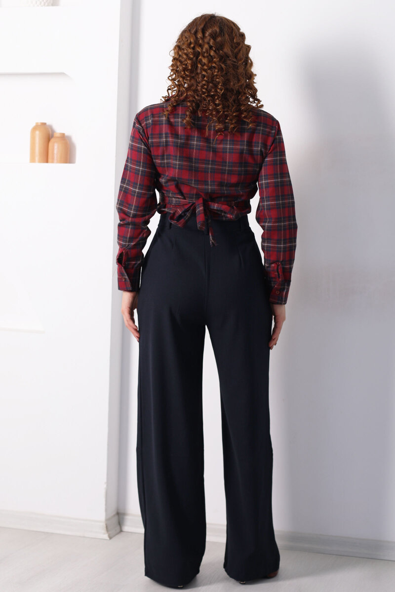 Yüksel Bel Pileli Cepli Kadın Lacivert Palazzo Pantolon - 4