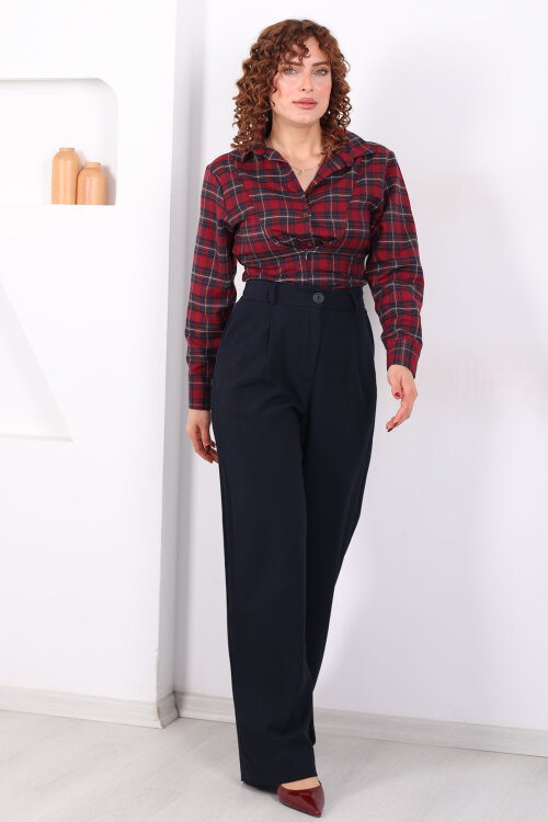 Yüksel Bel Pileli Cepli Kadın Lacivert Palazzo Pantolon - 5