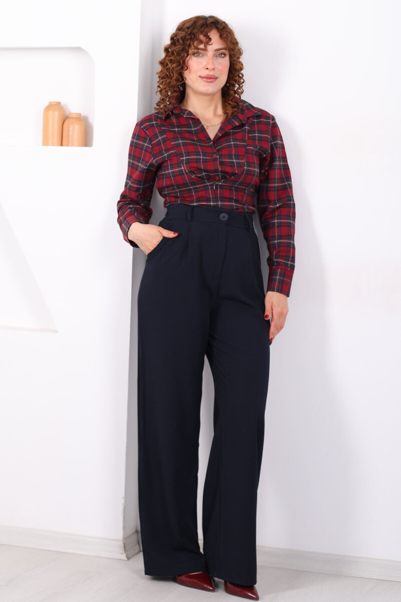 Yüksel Bel Pileli Cepli Kadın Lacivert Palazzo Pantolon - 1