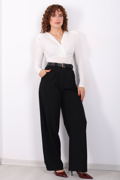 Yüksel Bel Pileli Cepli Kadın Siyah Palazzo Pantolon - 6