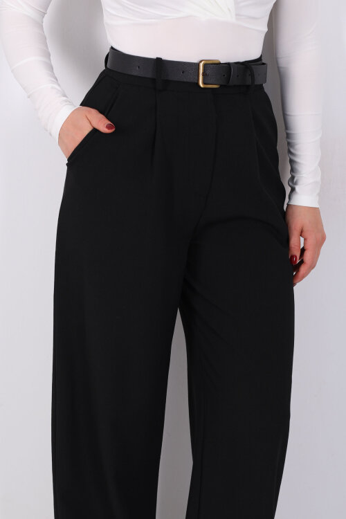 Yüksel Bel Pileli Cepli Kadın Siyah Palazzo Pantolon - 2