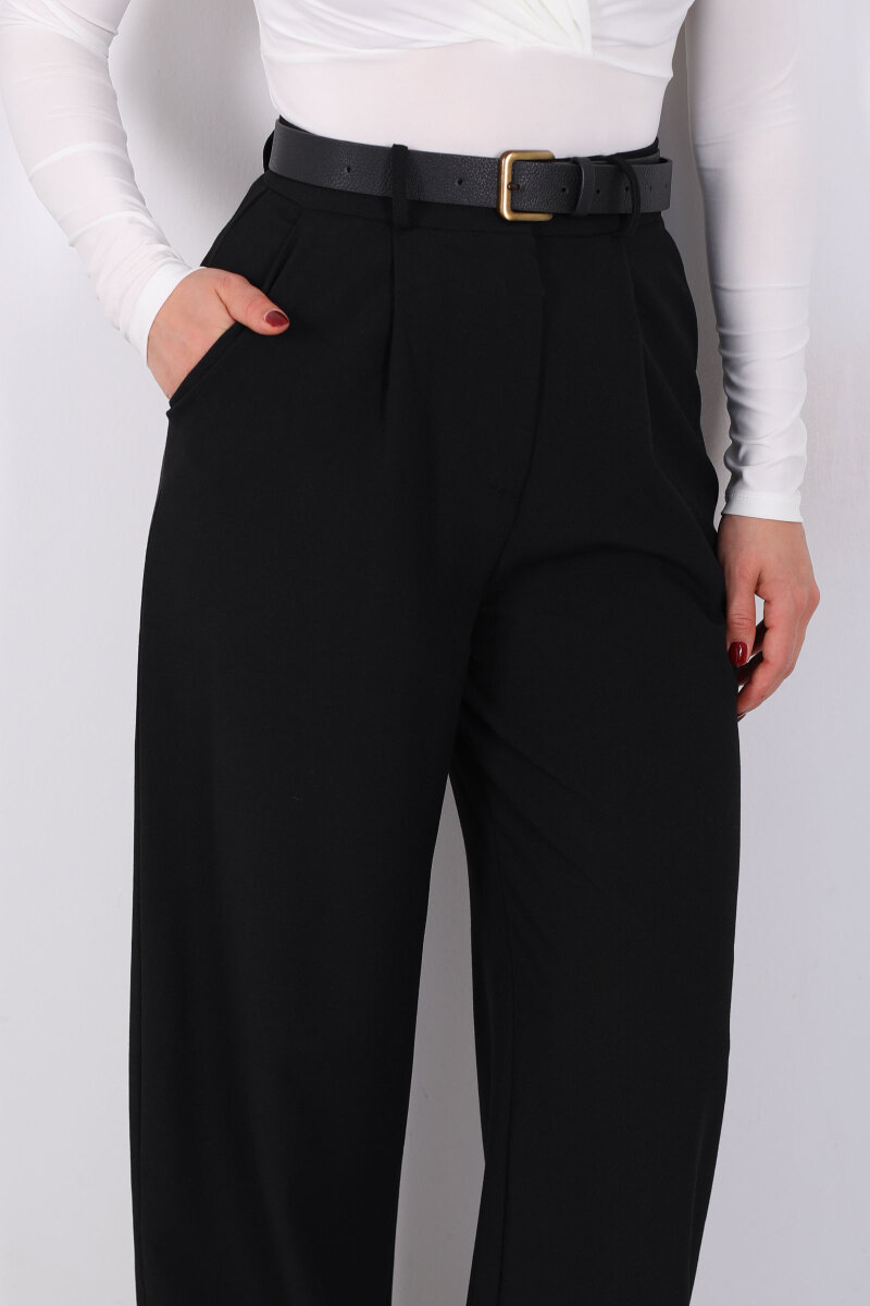 Yüksel Bel Pileli Cepli Kadın Siyah Palazzo Pantolon - 2