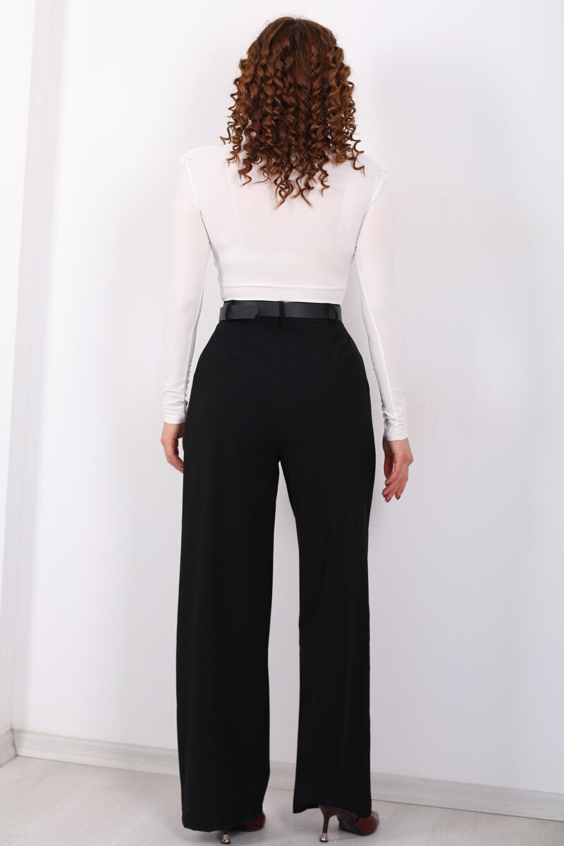 Yüksel Bel Pileli Cepli Kadın Siyah Palazzo Pantolon - 5