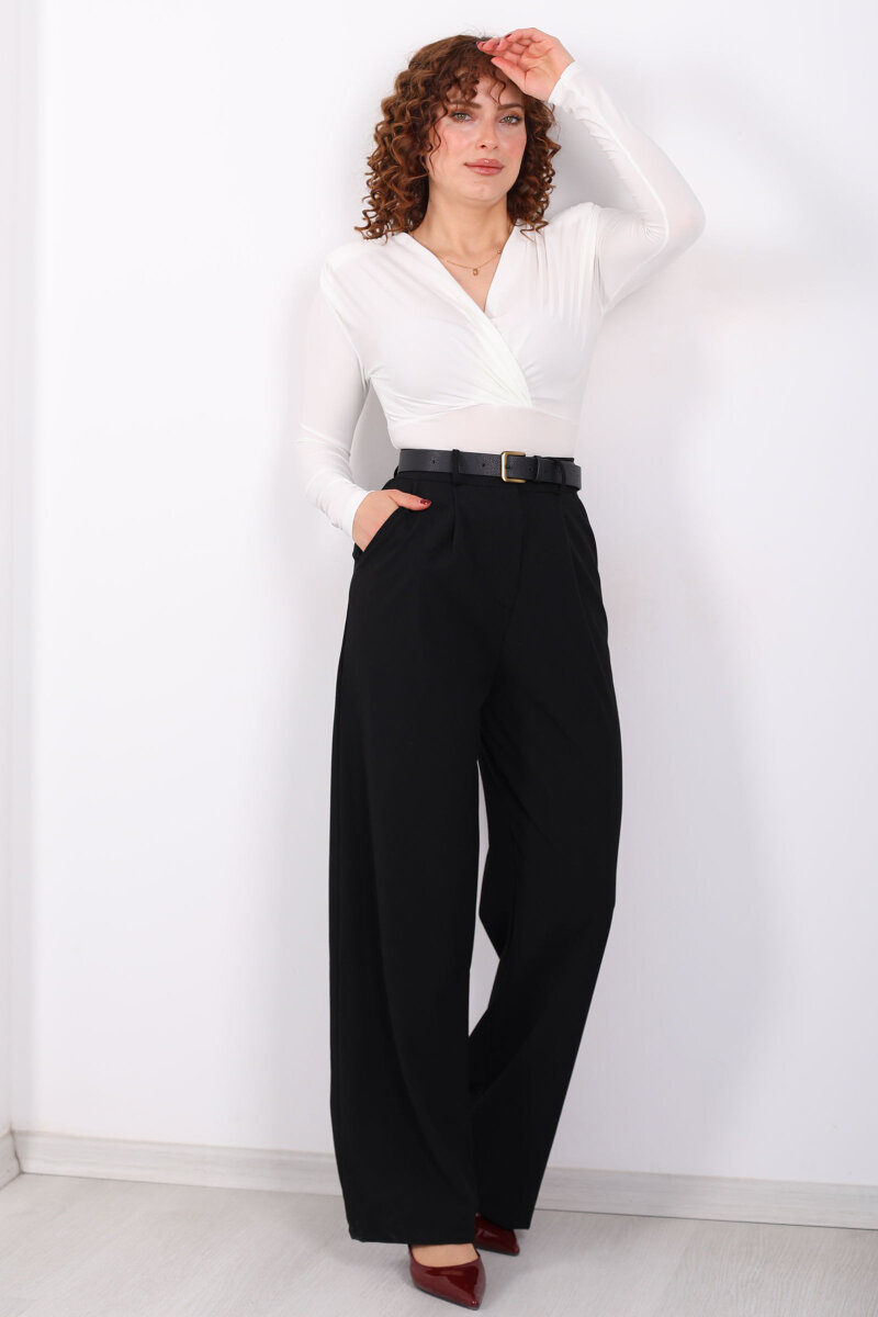 Yüksel Bel Pileli Cepli Kadın Siyah Palazzo Pantolon - 3