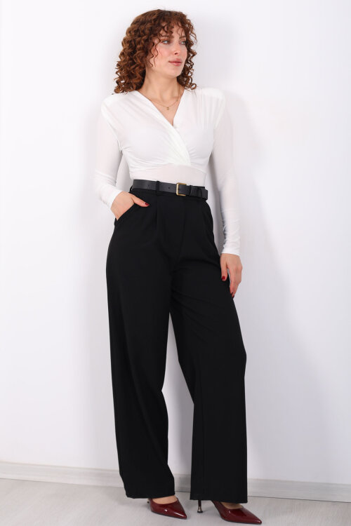 Yüksel Bel Pileli Cepli Kadın Siyah Palazzo Pantolon 