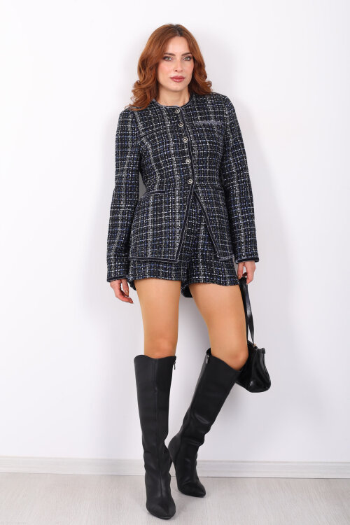 Yuvarlak Yaka Düğmeli Lacivert Kadın Tüvit Ceket - 6