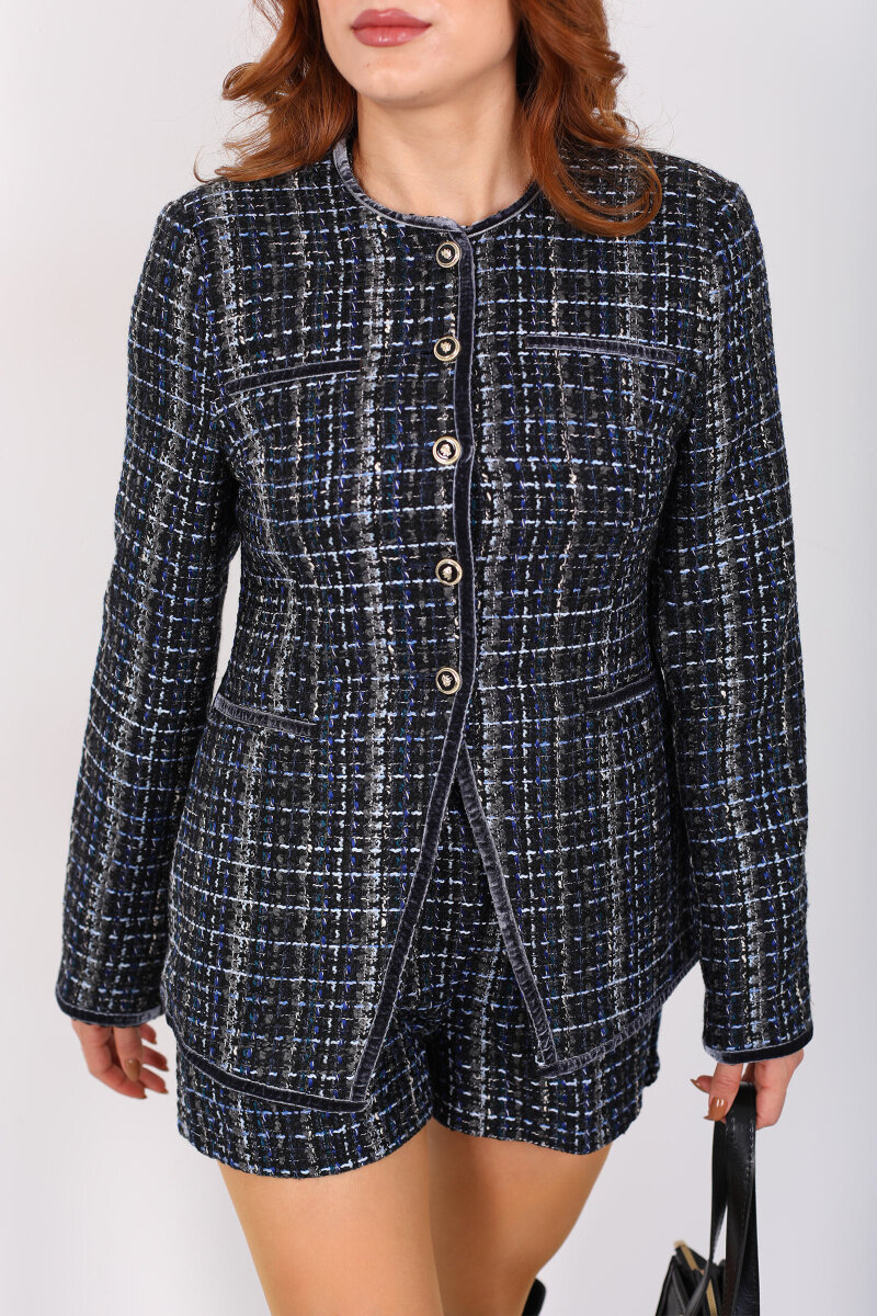 Yuvarlak Yaka Düğmeli Lacivert Kadın Tüvit Ceket - 2