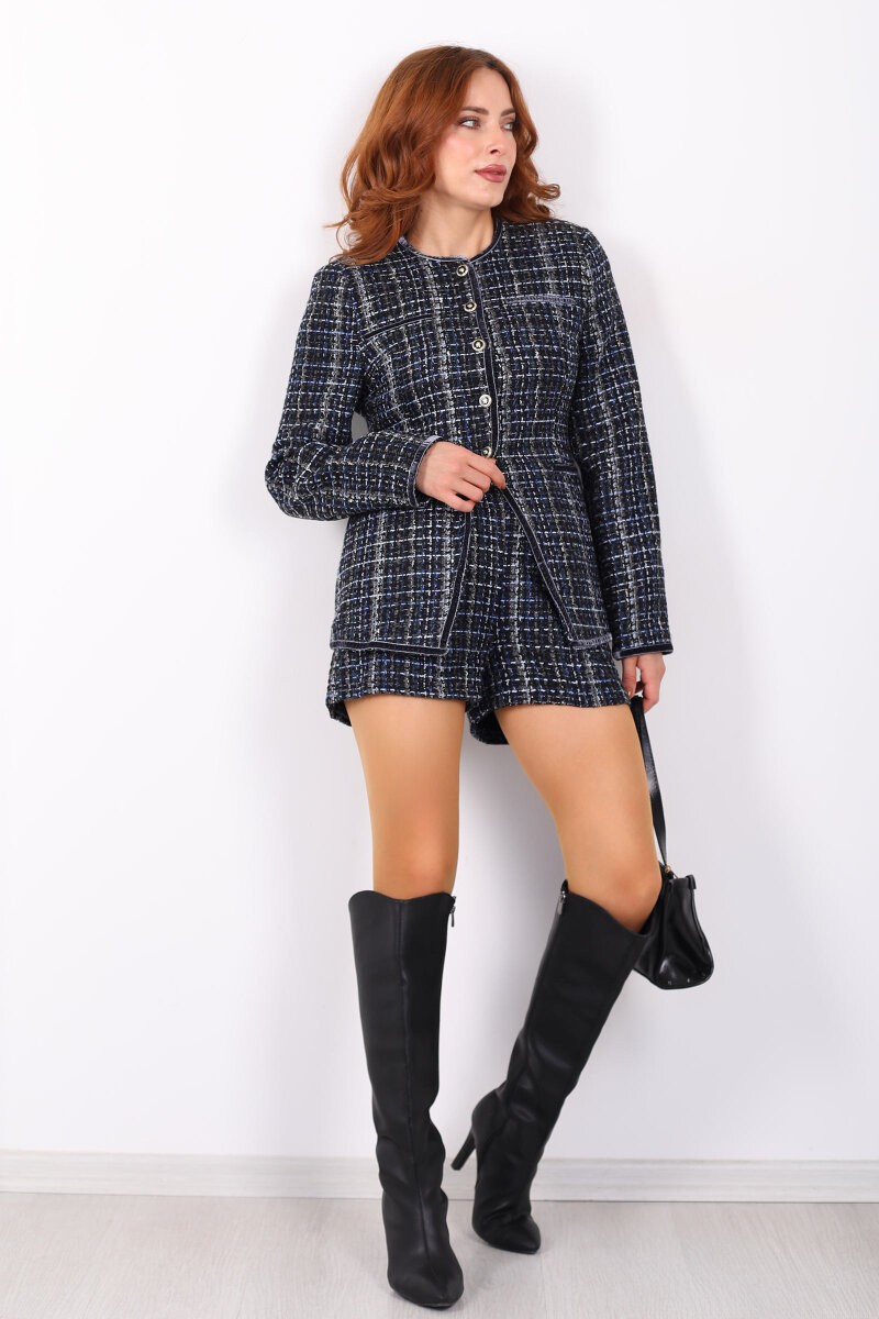 Yuvarlak Yaka Düğmeli Lacivert Kadın Tüvit Ceket - 3