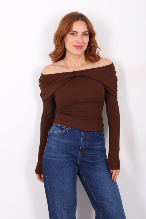 Yuvarlak Yaka Fiyonk Detaylı Kadın Kahverengi Bluz - 3