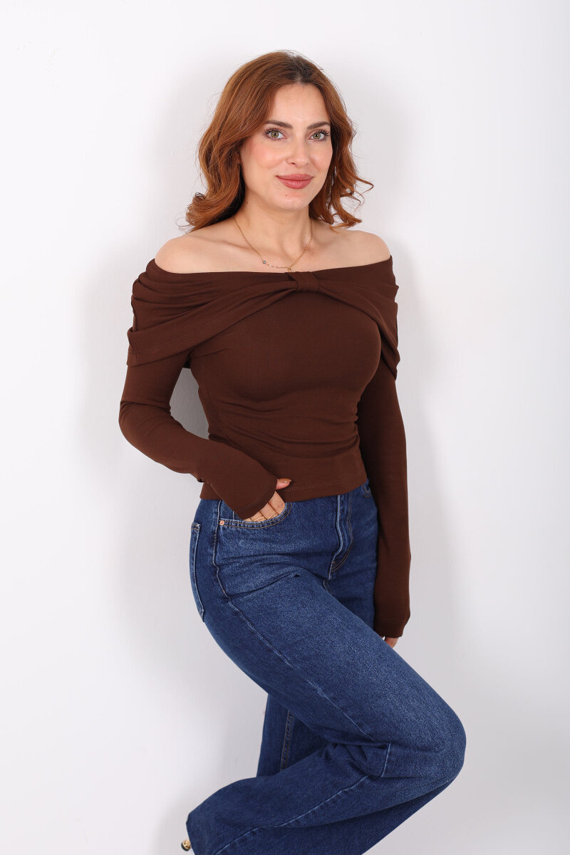 Yuvarlak Yaka Fiyonk Detaylı Kadın Kahverengi Bluz - 1